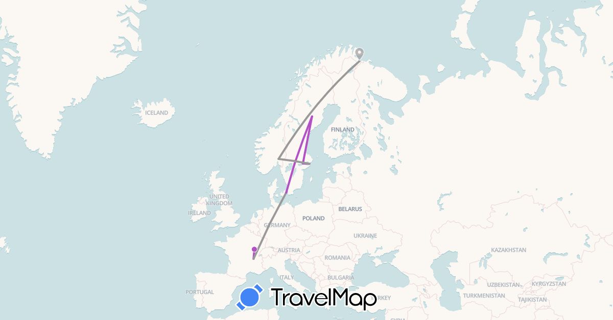 TravelMap itinerary: driving, plane, train in Denmark, France, Norway, Sweden (Europe)